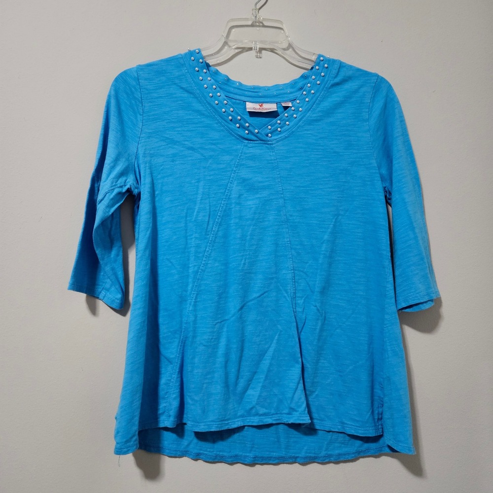 Quacker Factory Blue Slub Knit Pearl Rhinestone V-Neck‎ 3/4 Sleeve Top Small